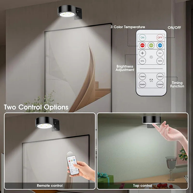 Battery Operated Picture Light Magnetic Led Painting Light with Remote Dimmable Timer 3 Lighting Modes Art Display Light Black